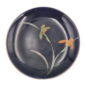 Vintage Koransha Arita Cobalt Blue Porcelain Dish Orchids Gilt Trim 5" Japan